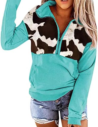 Žene 1/4 pulover s zatvaračem kravi tiskani vrhovi dugih rukava za vrat džemper džemper tunika bluza pad gornjeg top