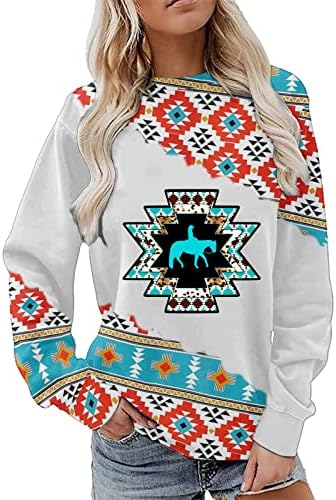 Aztec Print Twichirt za žene Crewgirl odjeća za kaučarske odjeće zapadni etnički stil geometrijski tiskani casual pulover