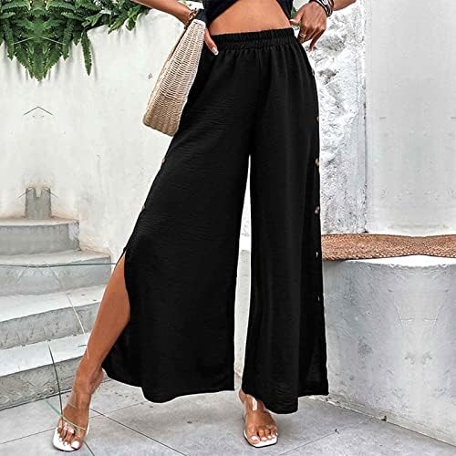 Fehlegd Summer Casual hlače za žene elastični gumb visoki struk Čvrsta boja Labavi Udovoljni rastezljive hlače s prorezom s prorezom