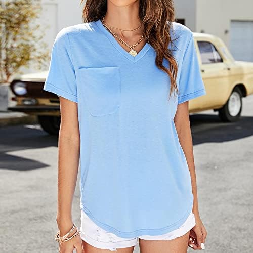 ženske široke Ležerne majice s izrezom u obliku slova u i kratkim rukavima, ljetna jednobojna majica s džepom, ženska klasična majica