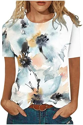 Cvjetni vrhovi s tintom za žene ljeto jesen s kratkim rukavima i okruglim vratom od spandeksa majice majice za žene 2023 Europa