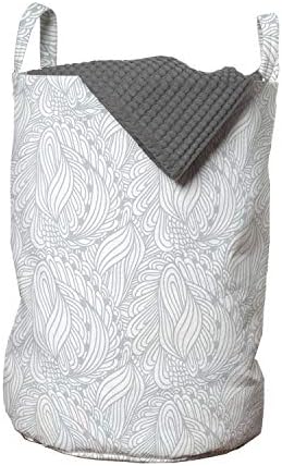Siva i bijela torba za rublje, s uzorkom botaničkog lišća u stilu doodle, otrcani ukras, košara za rublje s ručkama i zatvaračem na