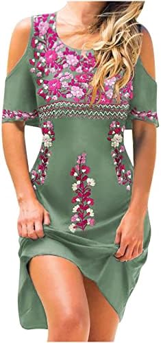 Ženska ljetna ležerna cvjetna haljina okruglog vrata otvorena ramena haljine kratkih rukava opuštenog kroja večernja haljina midi duljine
