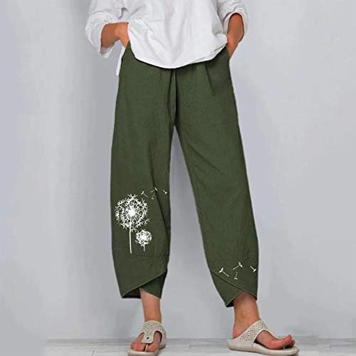 Ošišane hlače od pamuka i lana za Žene Ležerne ljetne Capri hlače s džepovima udobne hlače za plažu visokog struka cvjetne Harem hlače