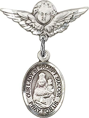Dječja značka Ach s amuletom Gospa od brze pomoći i pribadačom za značku anđeo s krilima | dječja značka od srebra s amuletom Gospa