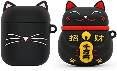MeganTree 2 pakiranje Slatka futrola Cat AirPods, Black Lucky Cat AirPods 2, Smiješna 3D crtana životinjska mačka mačka Kitty, otporna
