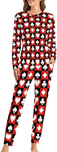 Ženska karirana pidžama s poker kartama, gornji dio i hlače s džepovima, pidžama za spavanje Dugih rukava, odjeća za slobodno vrijeme