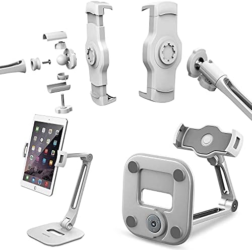 Aluminijski tablet za dugu ruku Abovetek, savijanje iPad stajališta s 360 ° okretnim nosačem iPhone stezaljke, uklapa se 4-11 5-13.5