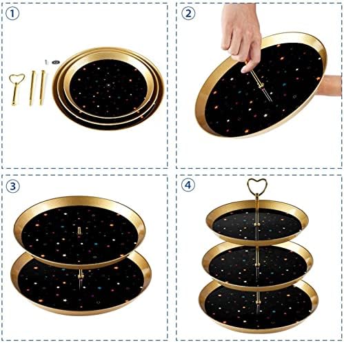 3 nivo stalak za kolače sa zlatnom šipkom plastičnom slojevitom desertnom toranj ladicom šarene zvijezde na crnom pozadini uzorak voćni
