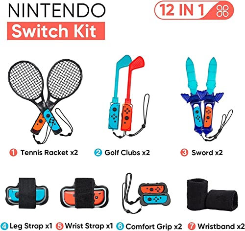 Vosinrly Switch Sports Accessories Bundle, 12 u 1 Obiteljski sportski komplet za Switch & Switch OLED: Mario Golf Clubs, Skyward Sword,