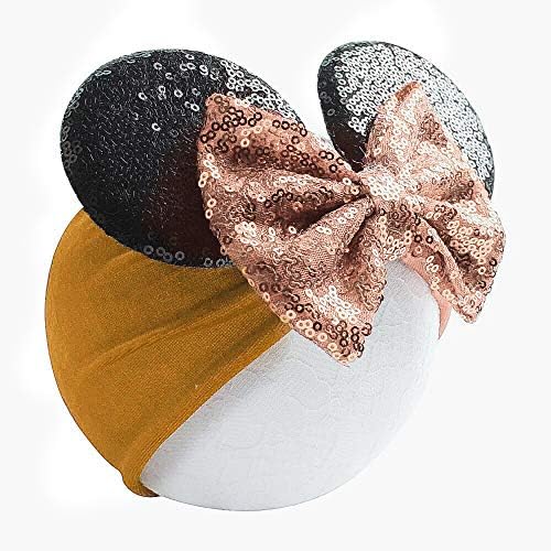 Traka za glavu s mišjim ušima za novorođenče i djevojčicu u zlatno crnom baršunu i šljokicama, široka traka za glavu s mašnom za svečanu