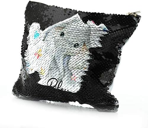 Personalizirana torba, crno -bijela torba za šljokice Prilagođenu s početnim / imenom / tekstom, dizajn slonova srca, vrećica za odlaganje