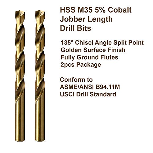 Maxtool 5/16 2PCS identične bušilice dužine posla HSS M35 Twist Bušilice 5% Cobalt Potpuno zemljani Zlatni ravni vježbe; JBF35G10R20P2