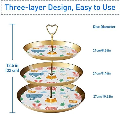 3 razine plastične toranj za cupcake s slojevitom pladnjem za posluživanje, zlatnim kulama od kolača, kunićima doodle i slonovima za